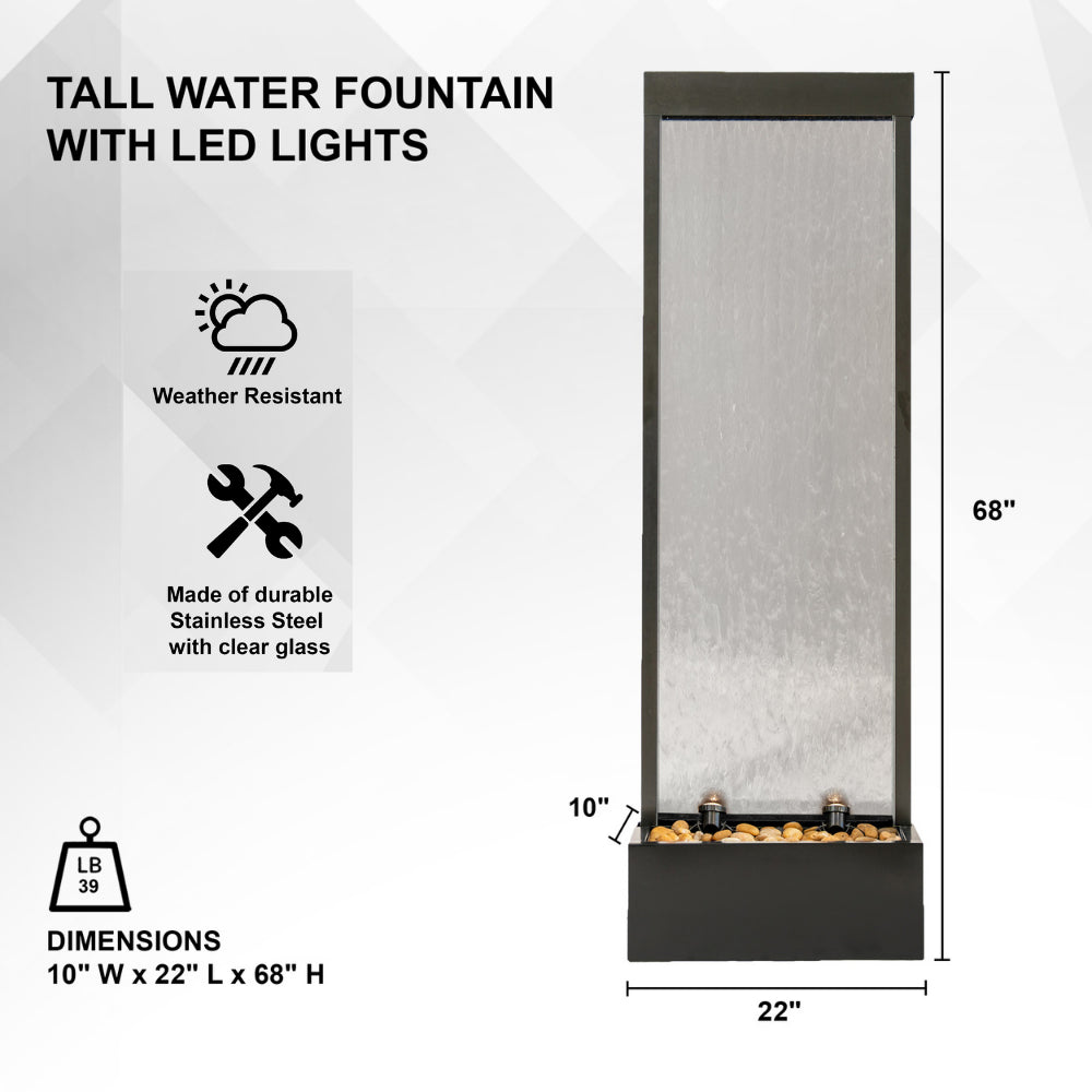 68" Aluminum Glass Fountain | Lightweight LED Waterfall