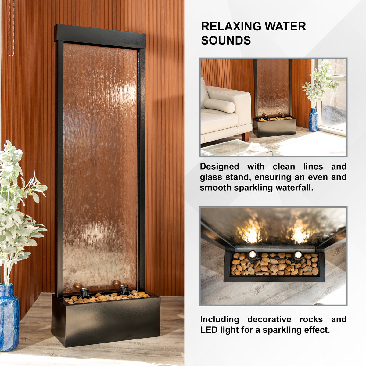 68" Aluminum Glass Fountain | Lightweight LED Waterfall