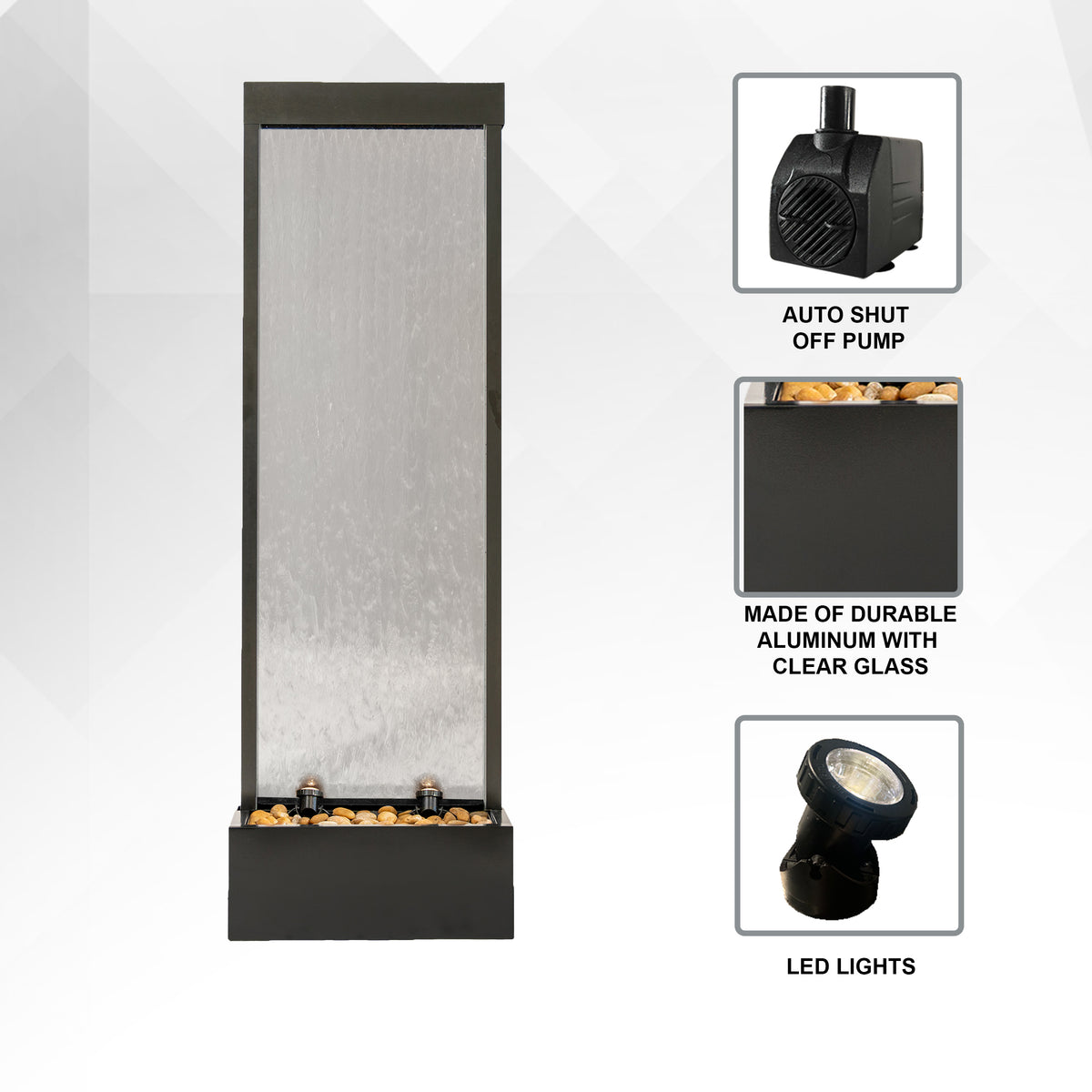 68" Aluminum Glass Fountain | Lightweight LED Waterfall