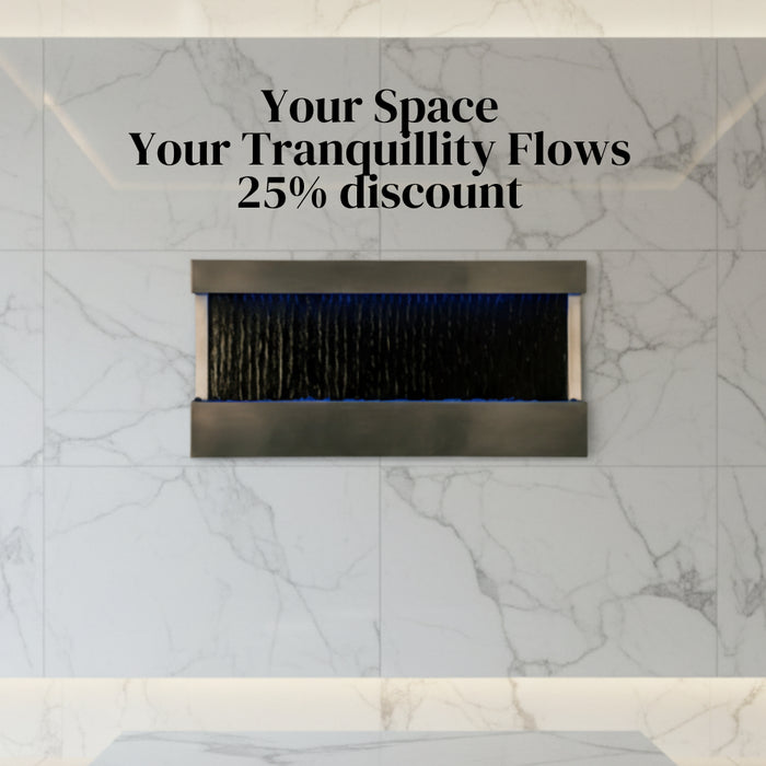 47" wall-mounted mirror fountain with LED lighting in a modern living room