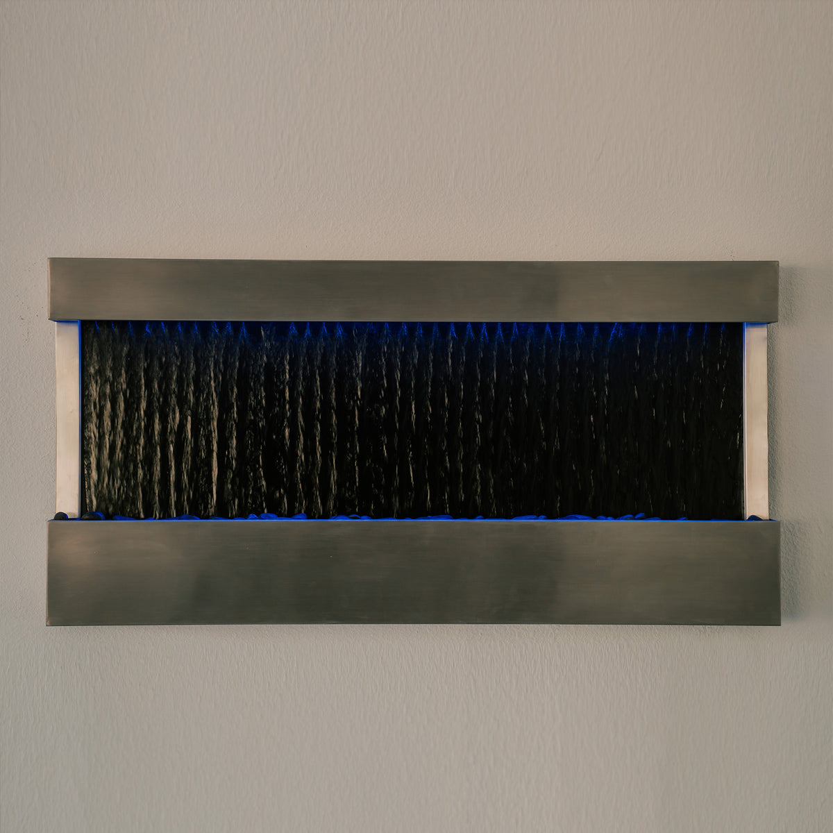 47" mirror waterfall fountain with silver metal frame, front view