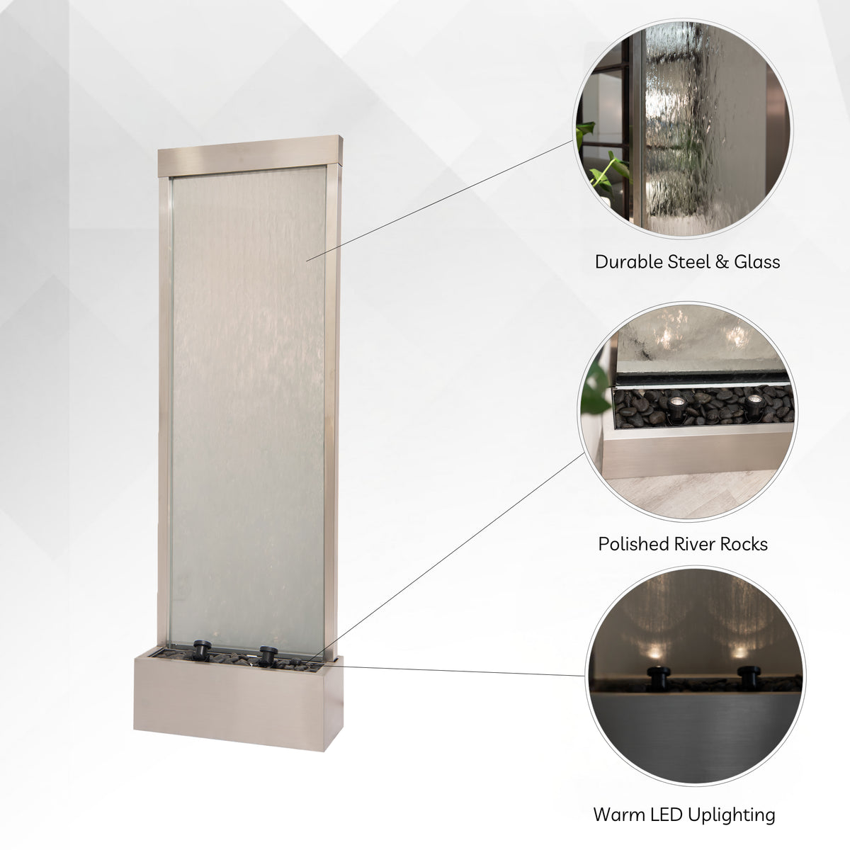 72" Steel & Glass Indoor Fountain | Modern LED Waterfall