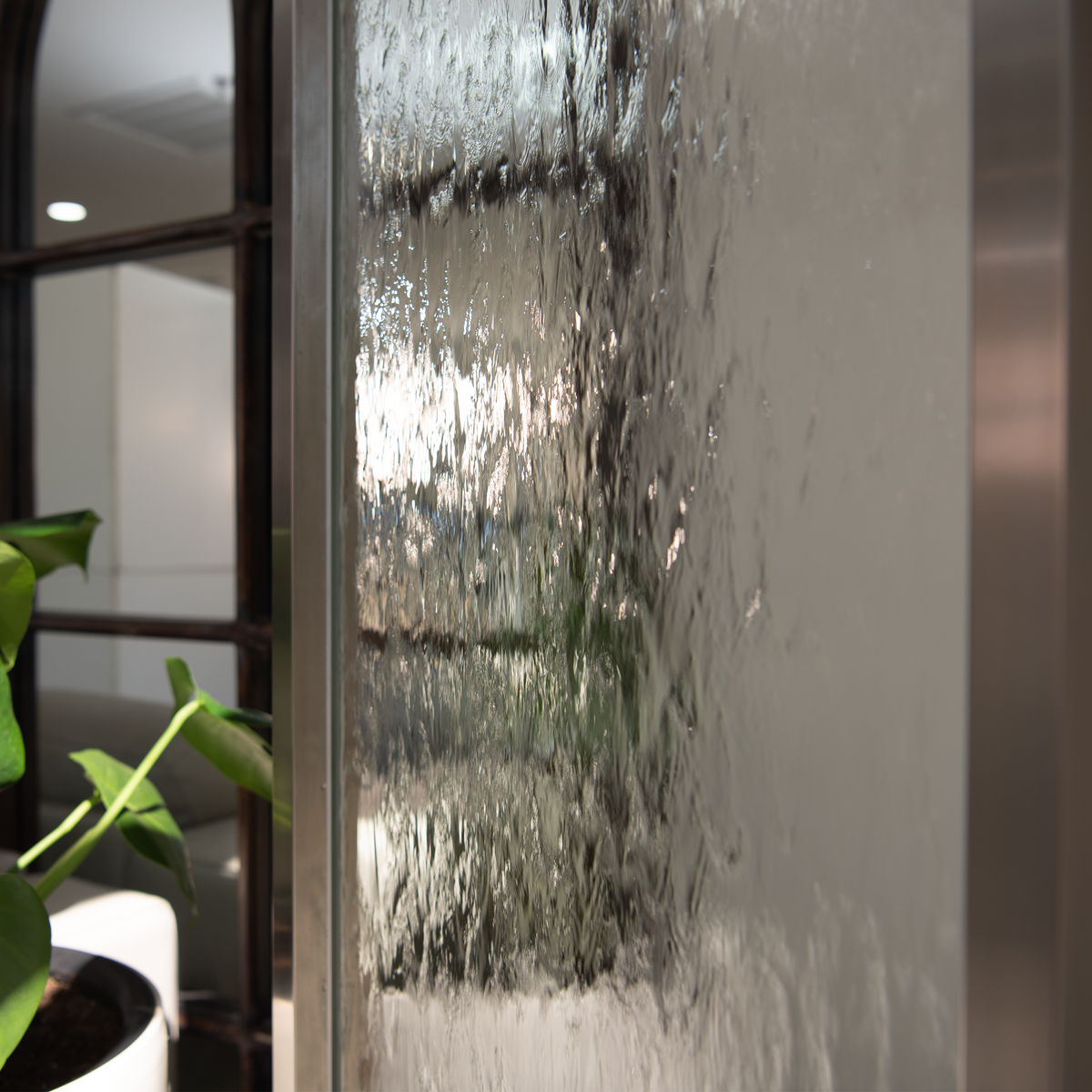 72" Steel & Glass Indoor Fountain | Modern LED Waterfall