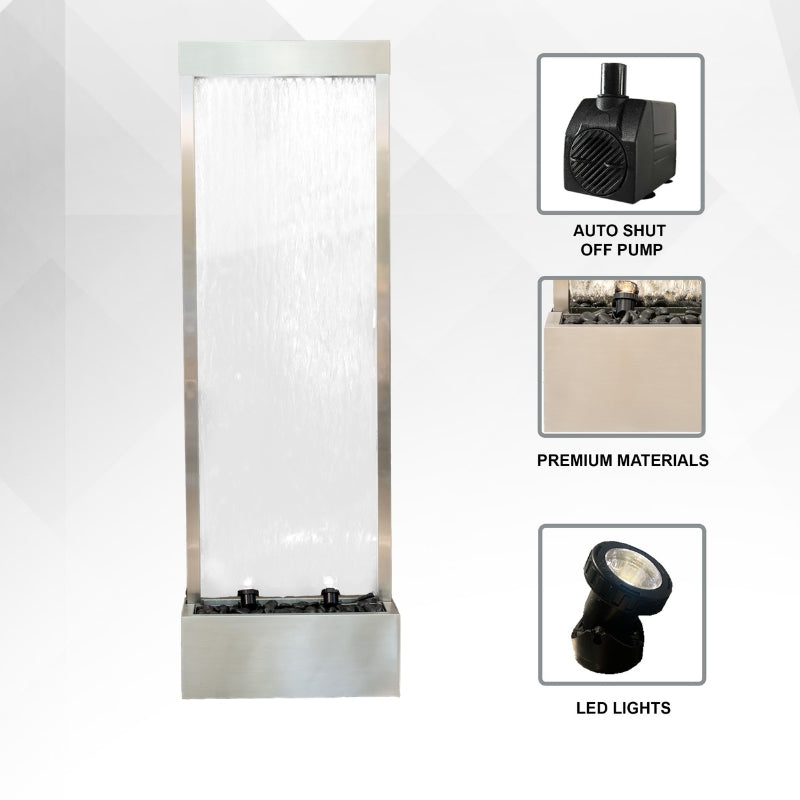 68" Stainless Steel Mirror Fountain | LED Waterfall, Auto-Shutoff