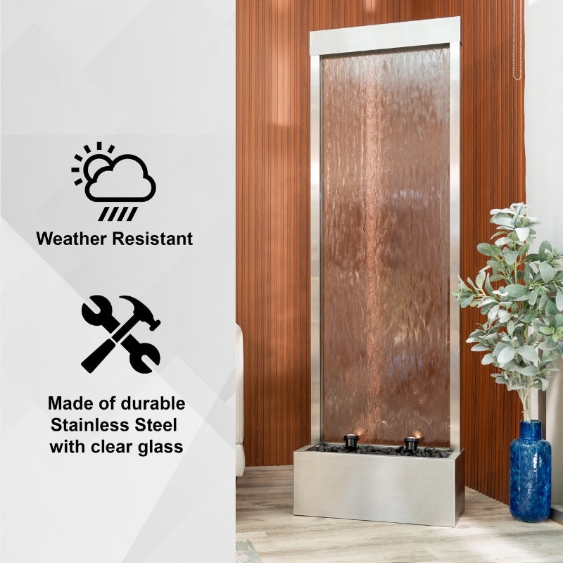 68" Stainless Steel Mirror Fountain | LED Waterfall, Auto-Shutoff
