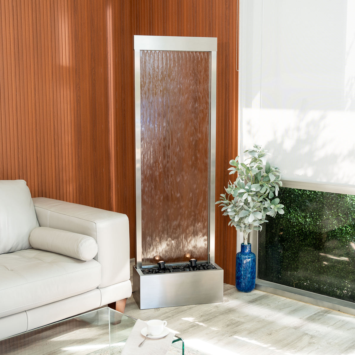 68" Stainless Steel Mirror Fountain | LED Waterfall, Auto-Shutoff