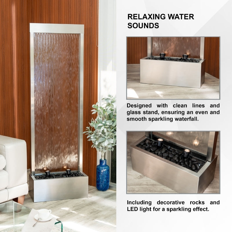 68" Stainless Steel Mirror Fountain | LED Waterfall, Auto-Shutoff